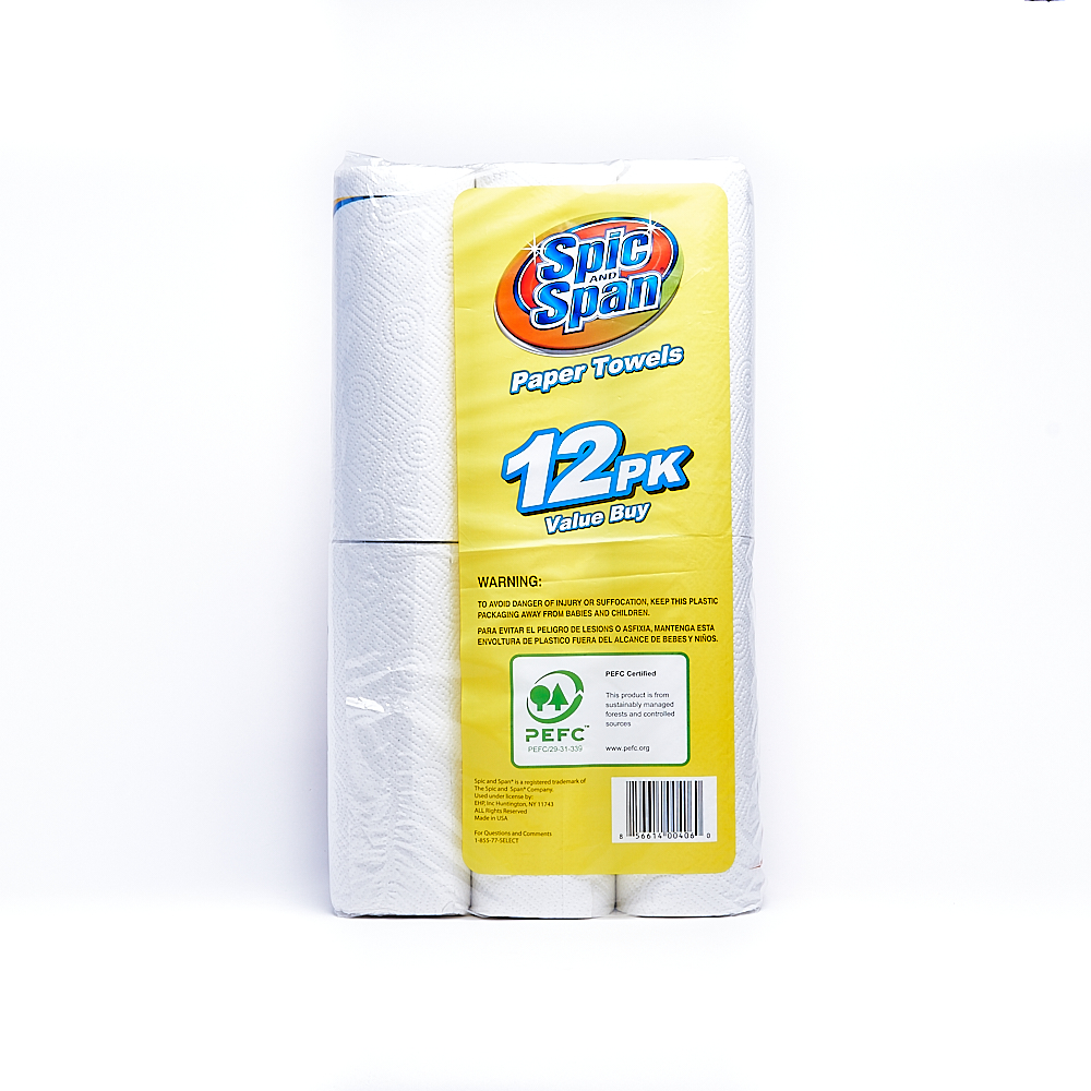 Back side of 2-Ply Spic and Span paper towel roll package (55 sheets/12 pack)