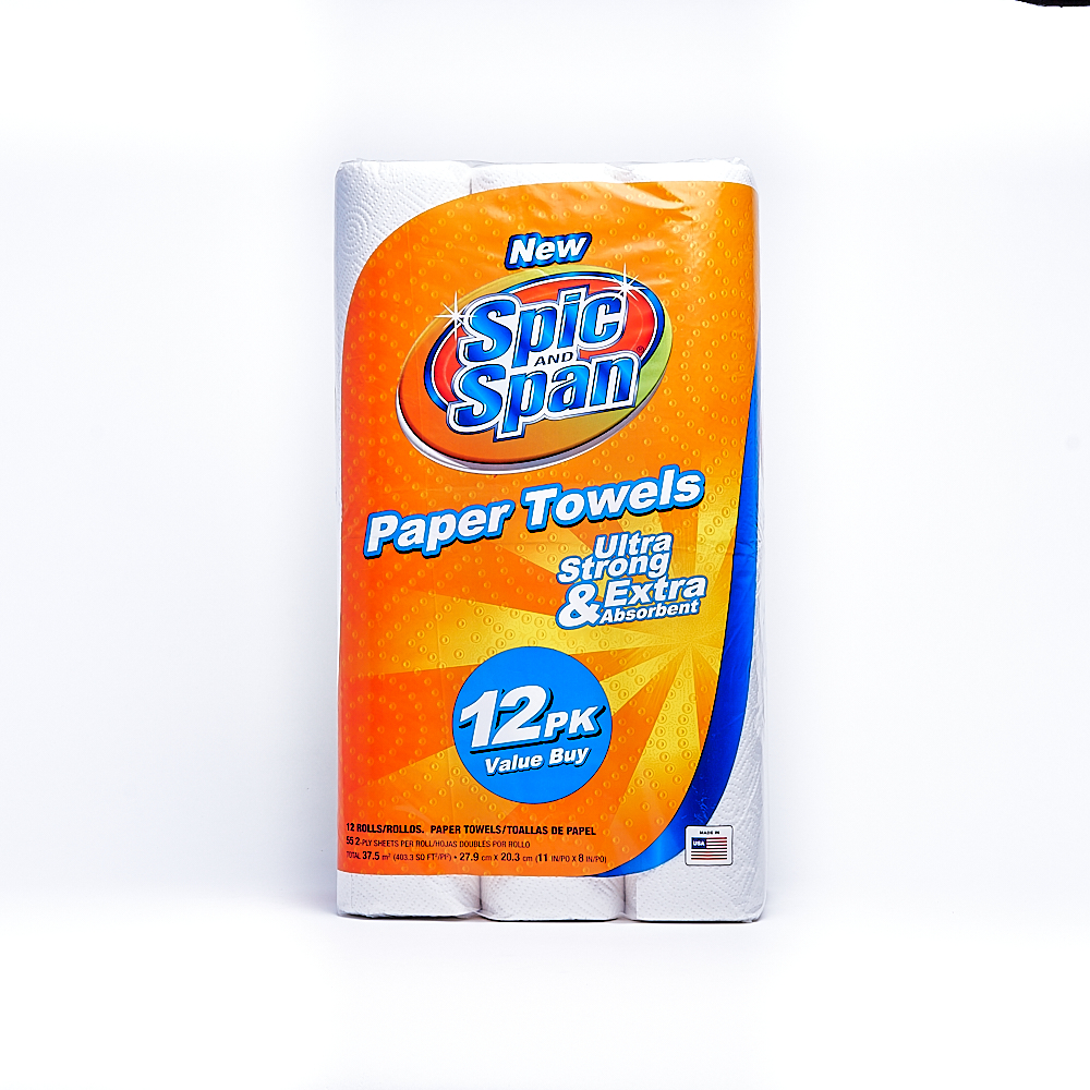 Front side of 2-Ply Spic and Span paper towel roll package (55 sheets/12 pack)
