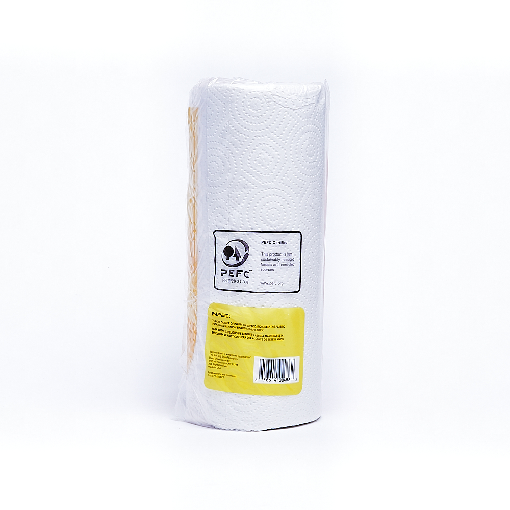 Back side of 2-Ply Spic and Span paper towel roll package (60 sheets/15 pack)