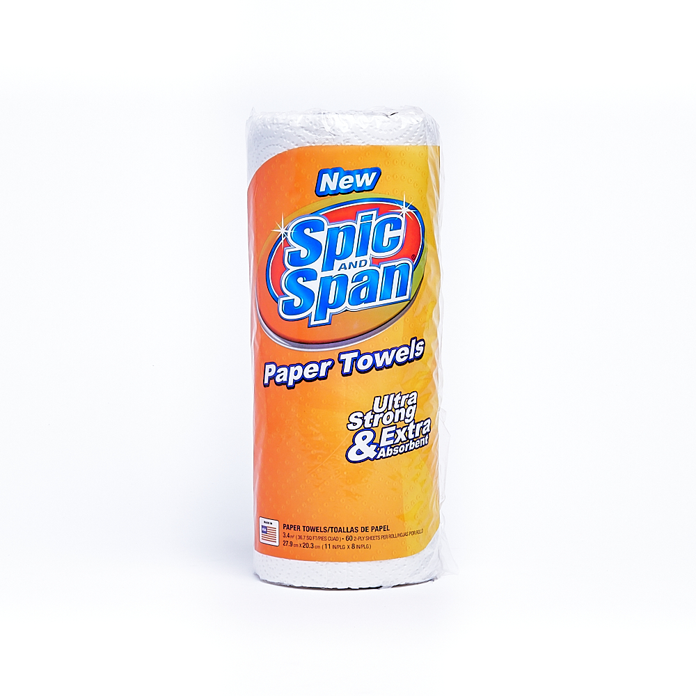 Front side of 2-Ply Spic and Span paper towel roll package (60 sheets/15 pack)