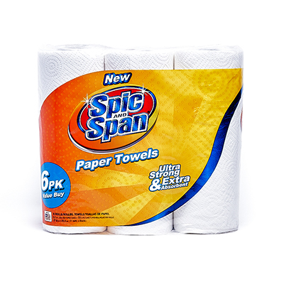 home-product-2 6 Pack of paper towel rolls in Spic and Span packaging